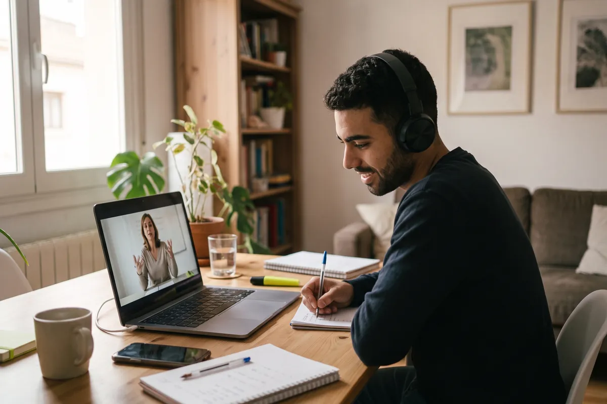 Alumno con auriculares en una clase particular online de alemán