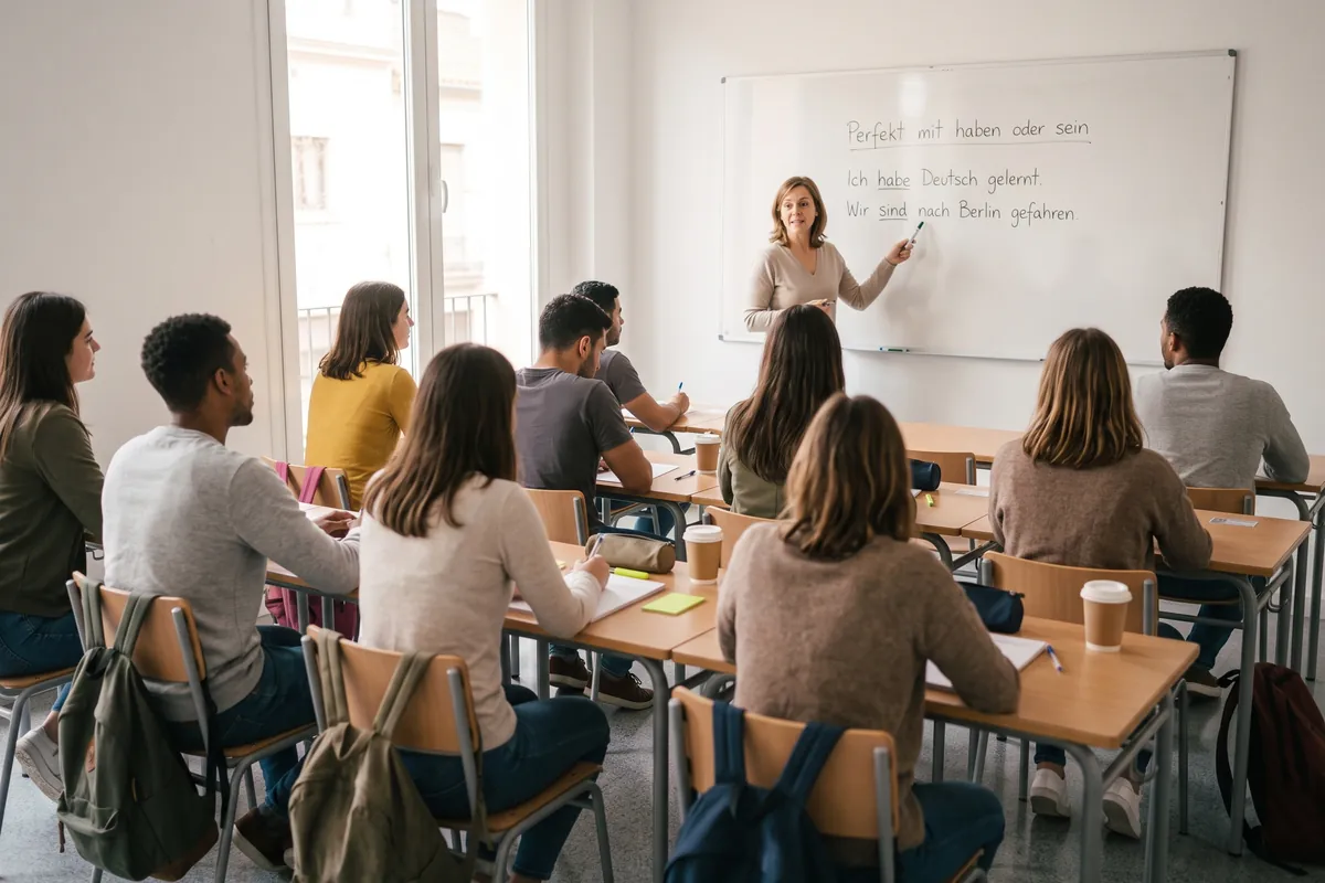 Clase de alemán del curso cuatrimestral con la profesora explicando el Perfekt en la pizarra