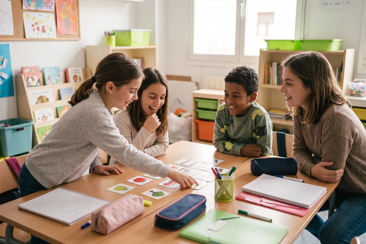 Niños aprendiendo alemán con un juego de tarjetas junto a su profesora