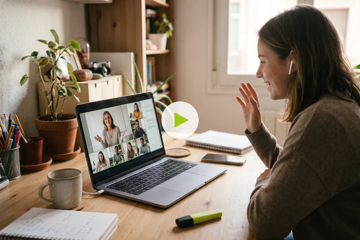 Alumna saludando a su clase de alemán online en directo por videollamada