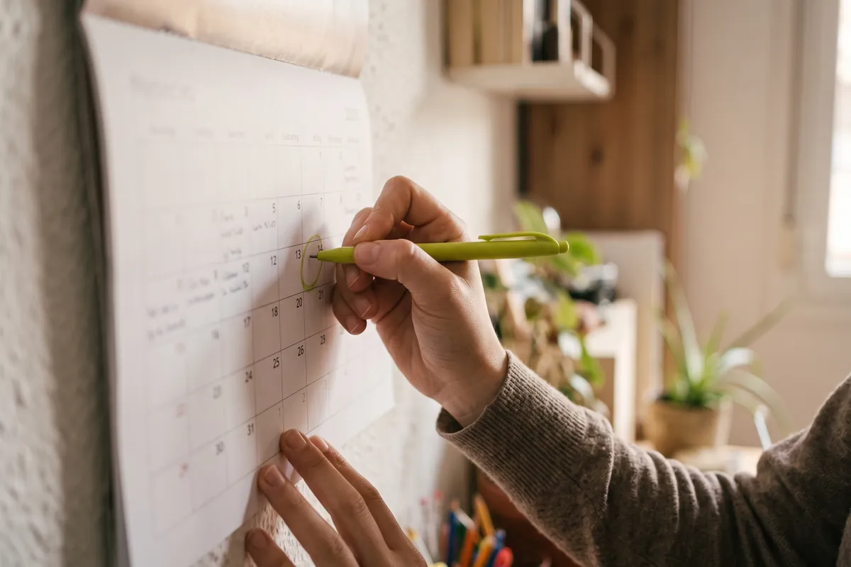 Mano marcando una fecha en el calendario para apuntarse a un curso de alemán