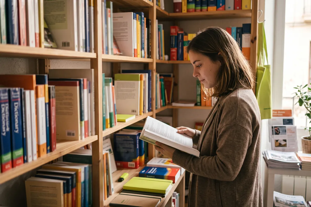 Alumna hojeando libros de texto de alemán en la librería del Centro Alemán